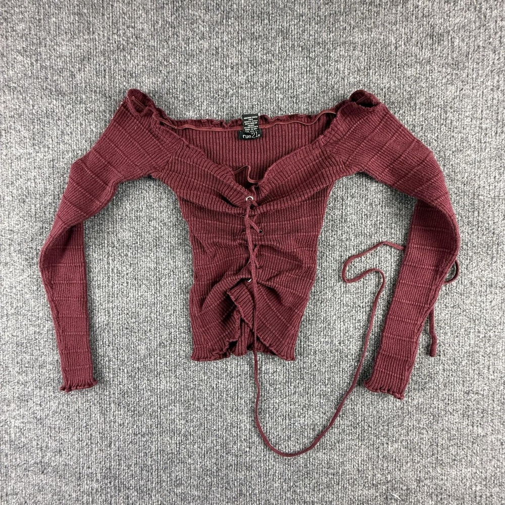 Y2K Rue21 Shirt Womens XS Red Off Shoulder Long Sleeve Lace Up Ribbed Knit Top